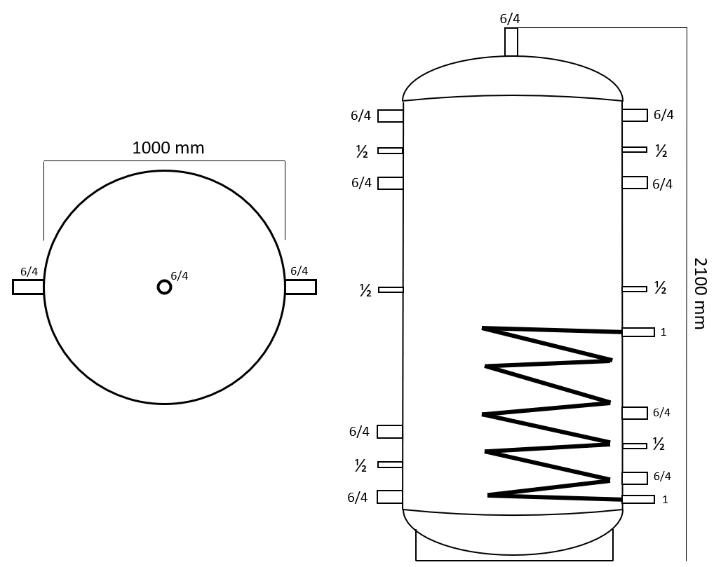 Puffer cu 1 serpentina 1500 litri, grosime tabla 3 mm, 2100 mm înălțime