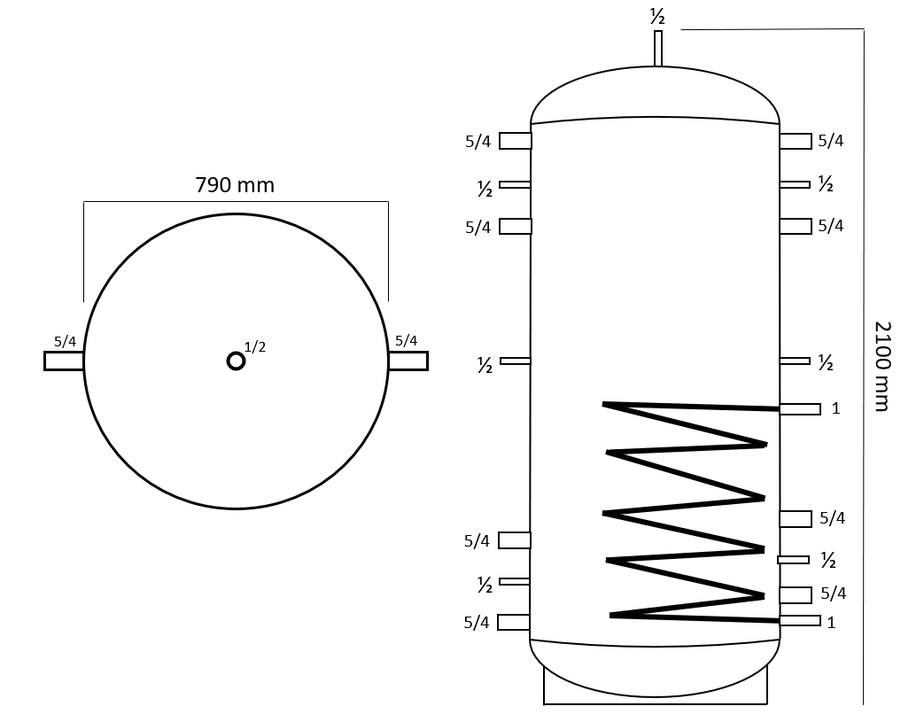 Puffer cu 1 serpentina 1000 litri, grosime tabla 3 mm