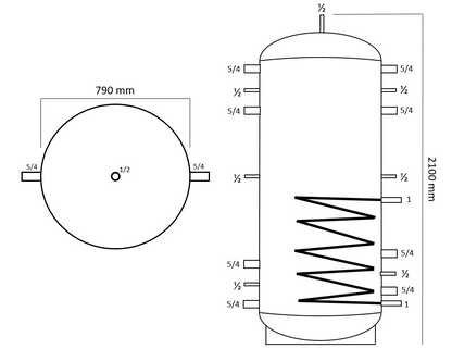 Puffer cu 1 serpentina 1000 litri, grosime tabla 3 mm